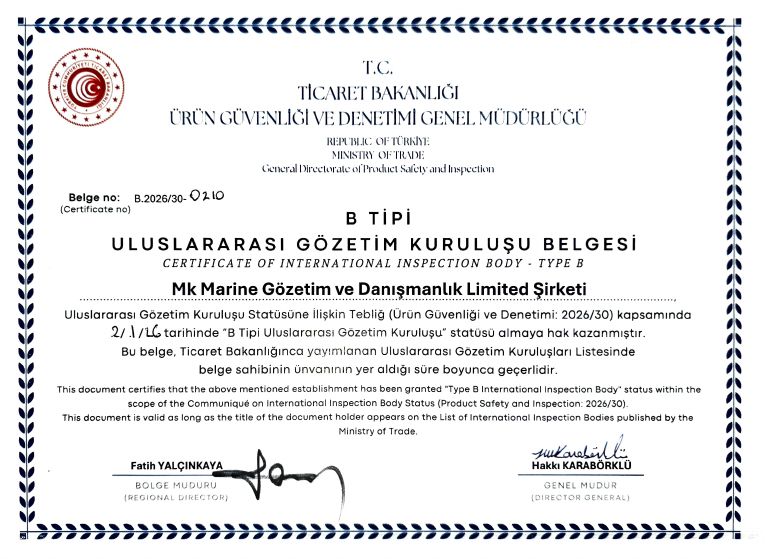 B Tipi Uluslararası Gözetim Kuruluşu Belgesi